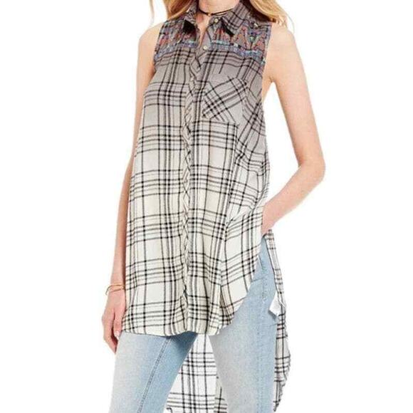 Miss Me Shirt Dress Small Gray Embroidered Ombre Boho Flannel High Low Tunic - Picture 4 of 10